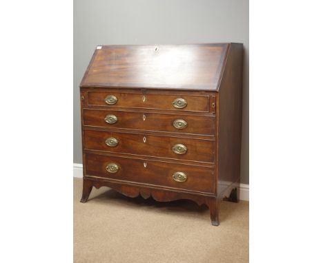 George III mahogany fall front bureau, four graduating drawers, shaped apron with splayed bracket feet, W105cm, H114cm, D52cm