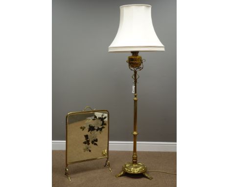 Early 20th century brass oil standard lamp (H150cm), and a brass and mirrored fire screen   Condition Report   Click here for