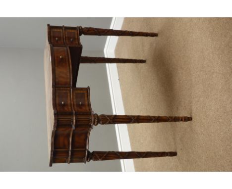 'Maitland-Smith' Regency style figured mahogany console table, shaped moulded top above five drawers, reeded supports with ri