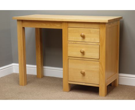 Light ash single pedestal dressing table, three drawers, W107cm, H76cm, D49cm   Condition Report   Click here for further ima