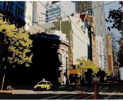 'New York Street Scene', contemporary limited edition screen print No.22/50 mounted onto board indistinctly signed and number