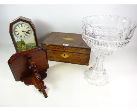 American mantel clock glass front with continental landscape scene, large moulded glass centre piece, Victorian figured walnu