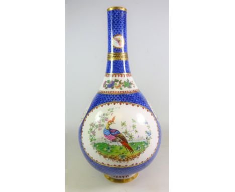 Victorian bottle vase decorated with reserve panels of exotic birds on fish scale ground, H49cm    Condition Report  There is