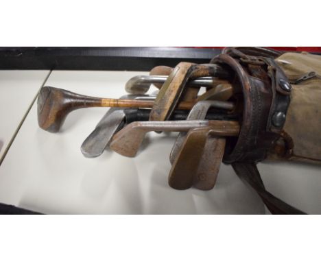 Hickory Shafted Vintage Golf Clubs, Putters and Irons x 8 Driver x1, canvas bag with mixed clubs including Hickory Shafted