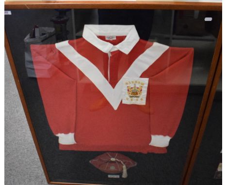 Barrow Rugby League Shirt and England Rugby League Cap, 1950's Shirt and Cap, cap with silvered rose emblem, name plate for F