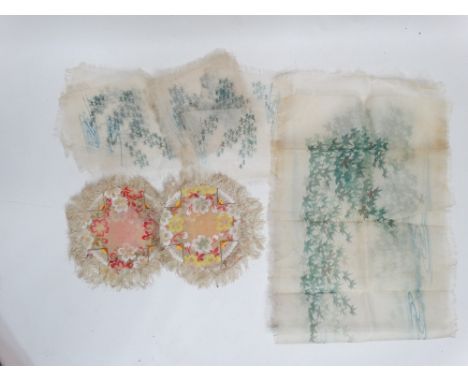 Eight early 20th century Japanese silk squares - the printed decoration of leaves above water15cm x 15cm, together with a sim