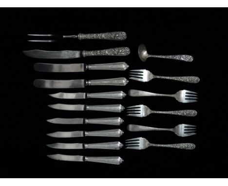 Five white metal fruit forks - American sterling, S Krik &amp; Son, extensive chrysanthemum decoration to handles, ensuite to