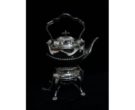 A 20th century silver plated kettle and stand - Oval stop fluted, the stand with shaped reed legs ending in paw feet, togethe