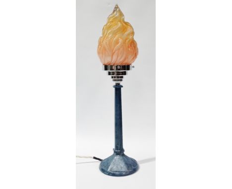 An Art Deco style blue Lucite table lamp - of faceted tapering form and circular base, with a flame shade, height 50cm.