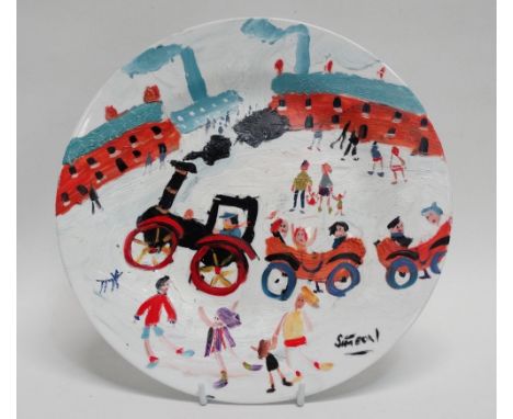 Simeon STAFFORD (British b. 1956)  Going Up Camborne Hill Coming Down Oil on a white ceramic plate, recycled object Signed lo