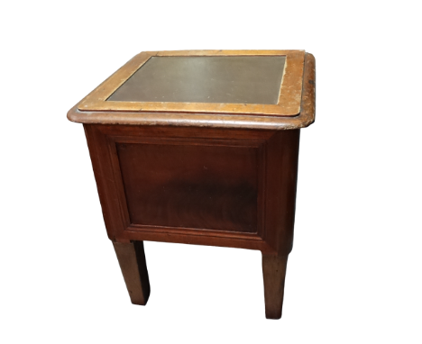 A Victorian mahogany box commode - The square hinged top opening to reveal a lidded white ceramic pot, on tapering square leg