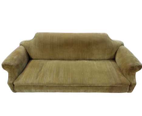 A 20th century gold corduroy upholstered sofa - with shaped back, scroll arms and on tapered square legs, width 221cm.