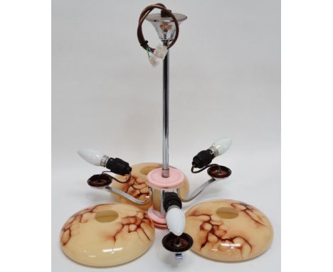 An Art Deco chrome and Lucite ceiling light - fitted with three branches and mottled amber shades, height 45cm.