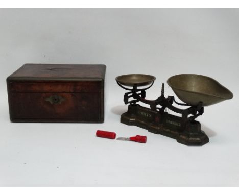 H. Webb &amp; Co. Birmingham cast iron scales - brass trays, height 18cm, width 40cm, a brass bound walnut travelling box, no