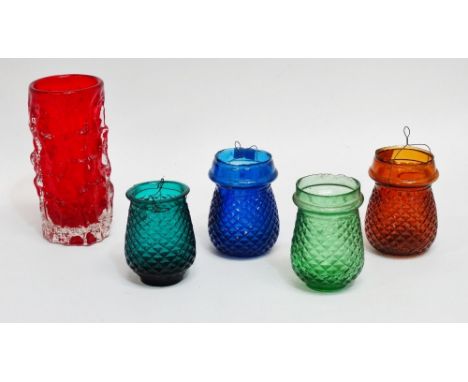A Whitefriars bark pattern cylindrical vase - ruby red, height 15cm, together with four Victorian coloured glass garden teali