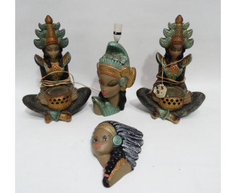 A pair of 20th century plaster table lamps modelled in the form of Thai drummers, polychrome painted, height 42cm, together w