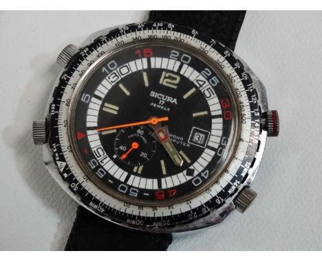 A gentlemans stainless steel Sicura chronograph wristwatch - circa 1970s, black and silver dial with subsidiary seconds and d
