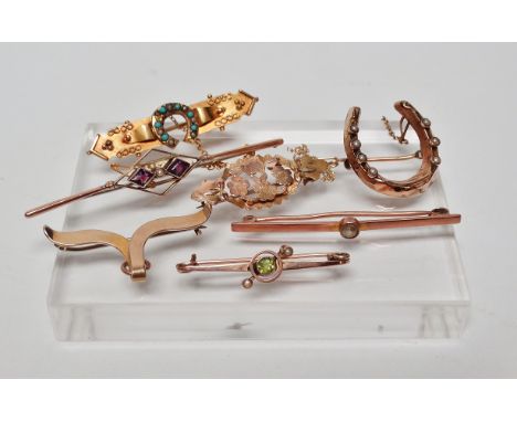 Seven 9ct gold brooches - A .375 horseshoe brooch with seed pearls, a bar brooch with two amethysts and a seed pearl, length 