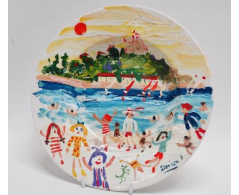 Simeon STAFFORD (British b. 1956)  St Michaels Mount Oil on a white ceramic bowl, recycled object Signed lower right, signed,
