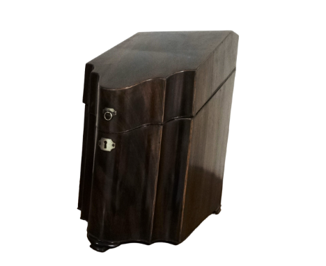 A George III mahogany knife box - of serpentine form and raised on ogee bracket feet, now fitted for stationary, height 39cm.