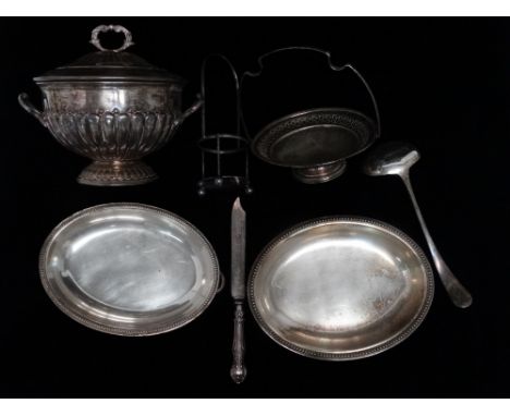 A silver plated tureen - of part gadrooned form with twin handles and cover, diameter 21cm, together with a ladle, two oval d