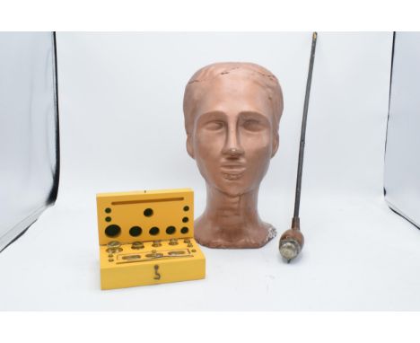 A mixed collection of items to include a cased set of weights (upto 100g), an ornamental pipe and a large clay / plaster bust