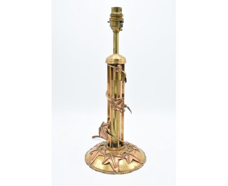 Art Nouveau brass and copper lamp base decorated with ivy leaves and vines. Untested. A great looking piece. 36cm tall. 