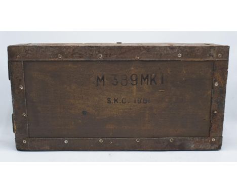 A mid 20th century army wooden ammunition box 'M 389MKI S K C 1961' etched onto the front. 53 x 26 x 11cm deep. 