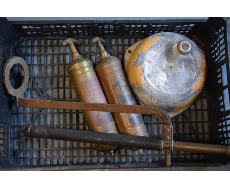 A collection of vintage fire safety items to include a hand turned fire alarm, 2 extinguishers to include a Pyrene example, E