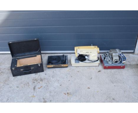 A mixed collection of electrical items to include an Aldis Automatic projector, Singer 507, Fidelity record players, records 