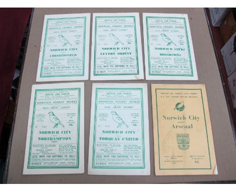 Norwich City Home Programmes, 1951-2 v. Arsenal - F.A Cup, Torquay, Northampton, Brighton, Chesterfield, Orient. (6)