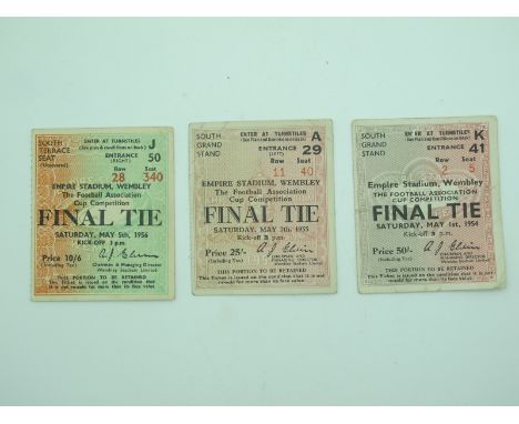 F.A. Cup Final Tickets 1954, turnstile 'K' (creased), 1955 turnstile 'A' and 1956 turnstile 'N'. (3)