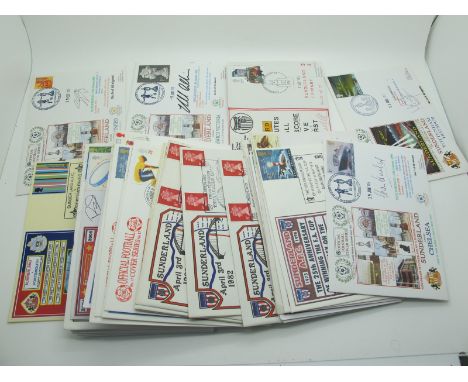 Sunderland F.C First Day Covers, all ink signed including Hurley, Montgomery, Tueart, Halom, Mapson, Gurney, Reid, Venison. (