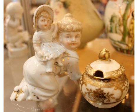 Continental ceramic figure of two children and a Noritake pot