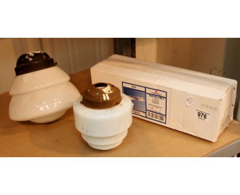 Two Art Deco milk glass light shades and a boxed spa wall light
