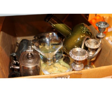 A quantity of good silver plated ware, glass ware and an Arthur Wood Lambeth flask etc 