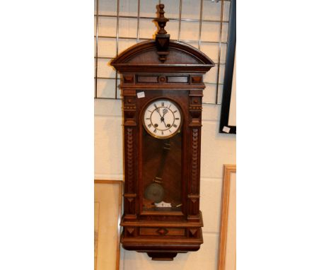 Large oak cased chiming  Vienna wall clock white ceramic dial with pendulum