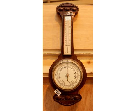 British made oak cased barometer thermometer