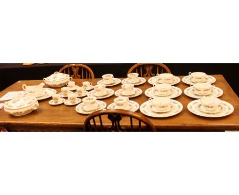 English china 55 piece dinner, tea and coffee service with terrines, exotic birds and fruits design