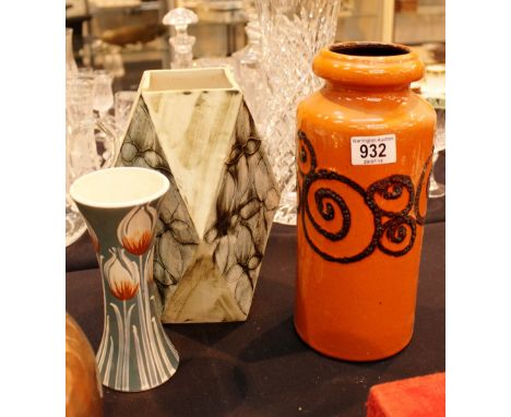 Three ceramic vases including West German and Cornish studio ware