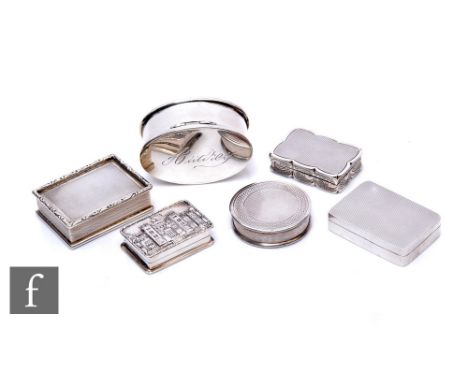 Six small modern hallmarked silver boxes to include a castle top and engine turned examples, total weight 230g, various dates
