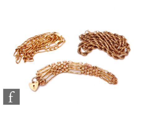Two 9ct chains, a figero and a rope twist example with a 9ct three bar gate bracelet, total weight 24g. (3) 
