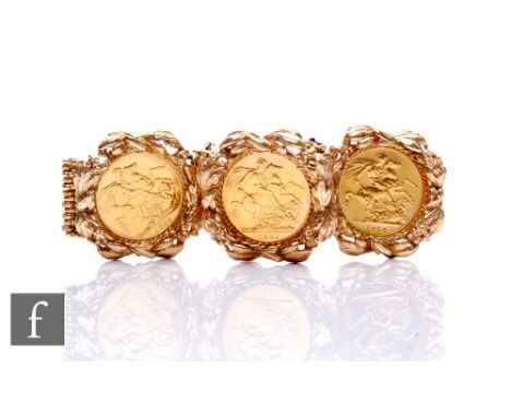 A 9ct eight bar gate bracelet loose set with three Victorian young head full sovereigns, dated 1883, 1886 and 1887, total wei