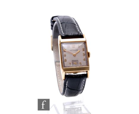 A gold plated Le Coultre manual wind wrist watch, Arabic numerals to a silvered square dial, movement numbered 395124, case w