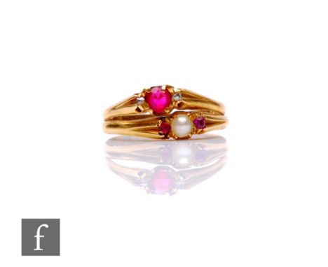 Two 18ct hallmarked stone set rings to include a ruby and diamond three stone and a pearl and diamond three stone example, so