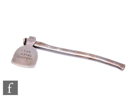 A white metal retractable pencil modelled as an axe with 'For Axing Questions' to axe head, engraved with name to shaft, leng