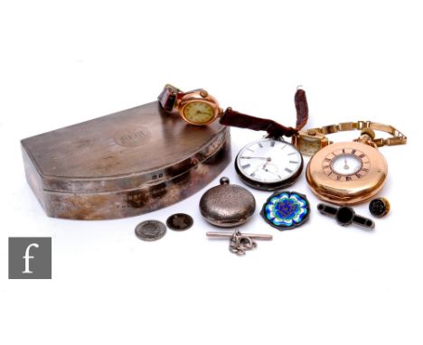 A silver trinket table box containing a two 9ct lady's wrist watches, a gold plated half hunter watch and a silver open faced