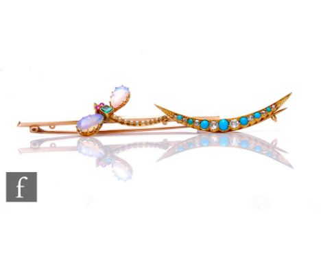 A 15ct opal, emerald, ruby and seed pearl set bar brooch modelled as a dragonfly, weight 5.5g, length 7cm, with a similar tur