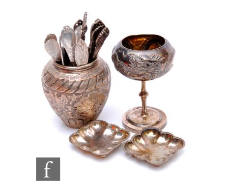 A small parcel lot of assorted white metal and other items to include a Chinese silver goblet, flat ware, pin dishes etc, tot