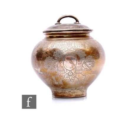 A Russian silver tea caddy of bombe shaped form, part engraved decoration, weight 7.5oz, impressed marks to base, some damage